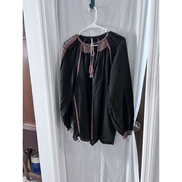 Free People Black Brown Embroidered Peasant Top Oversized Linen Blend Xs Boho - Picture 1 of 8